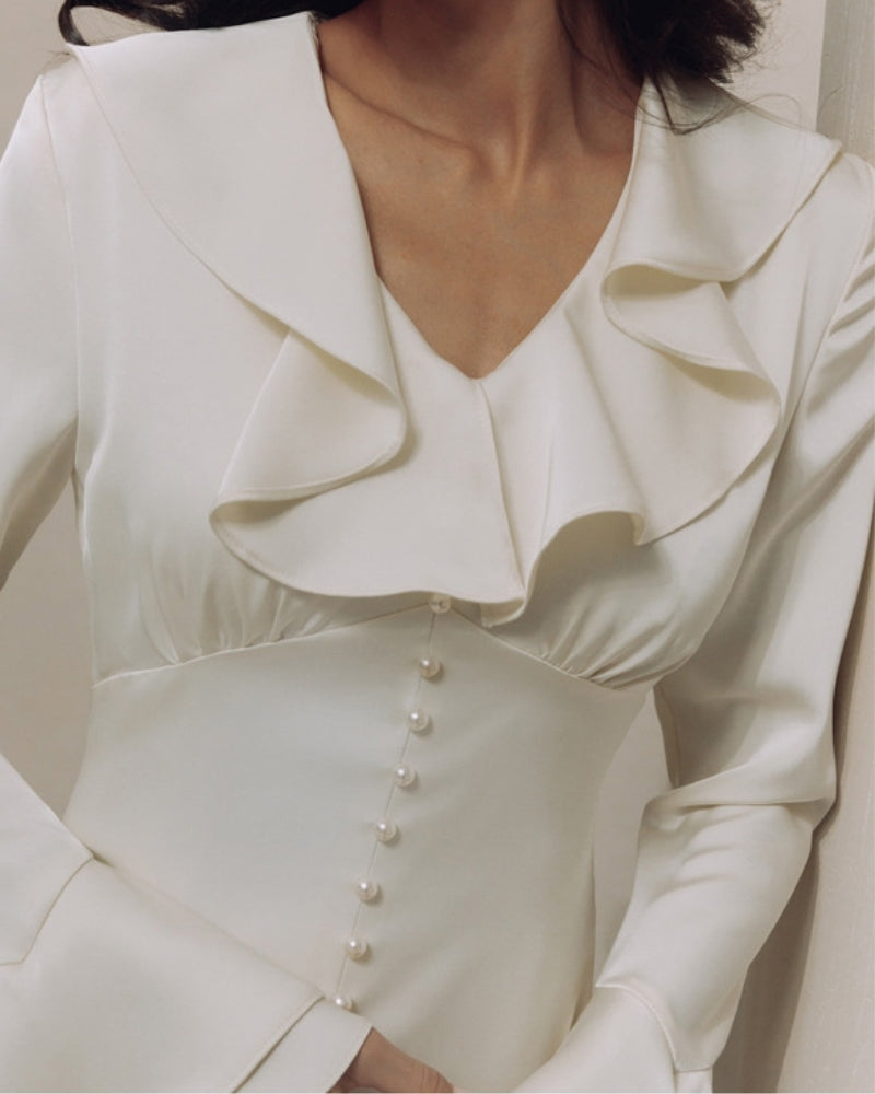 Vestito Midi con Volant e Bottoni Perla