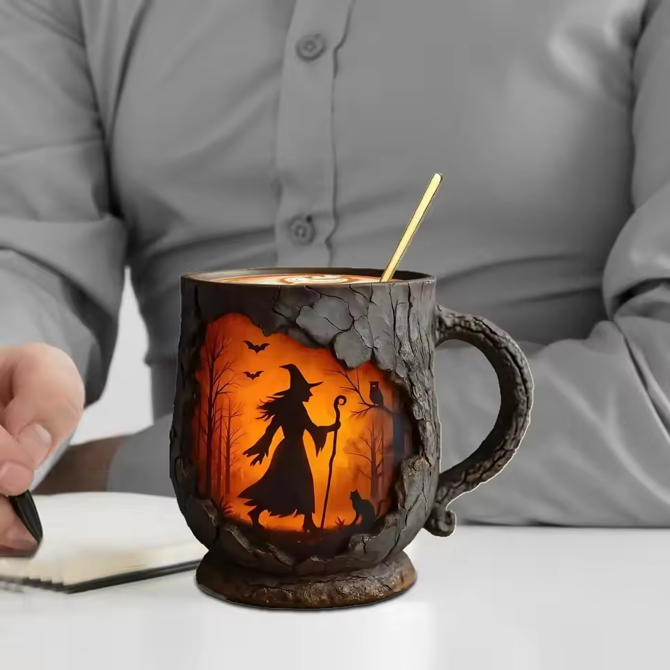 Artisan 3D Halloween Mug β Featuring Witch and Cat Design