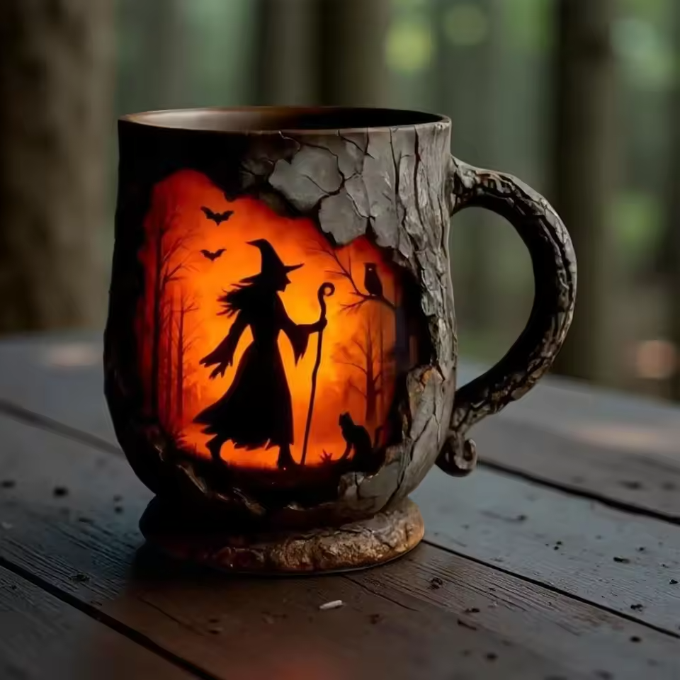 Artisan 3D Halloween Mug β Featuring Witch and Cat Design