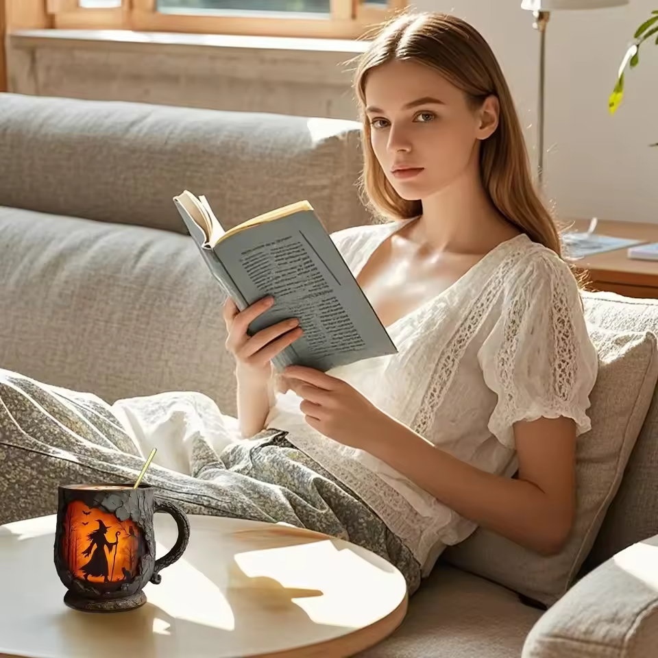 Artisan 3D Halloween Mug β Featuring Witch and Cat Design